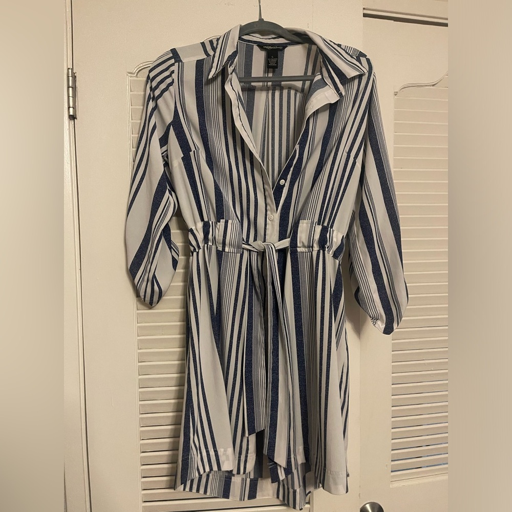 Button down dress, tie waist LG Blue and white stripes
